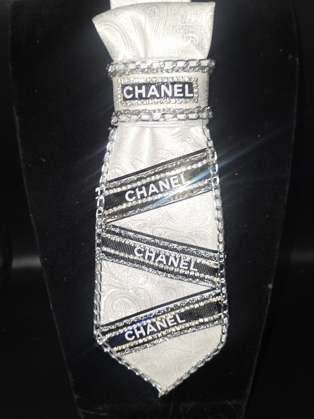 White Tie Necklace with Black Stripes and Silver Trim